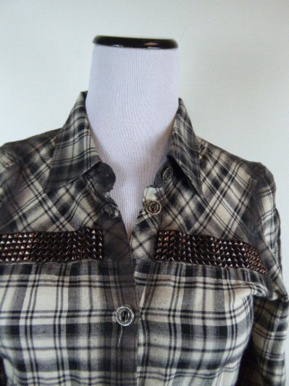 NEW JADED BY KNIGHT black plaid studded button up tunic SHIRT XS  cross jbk y2k